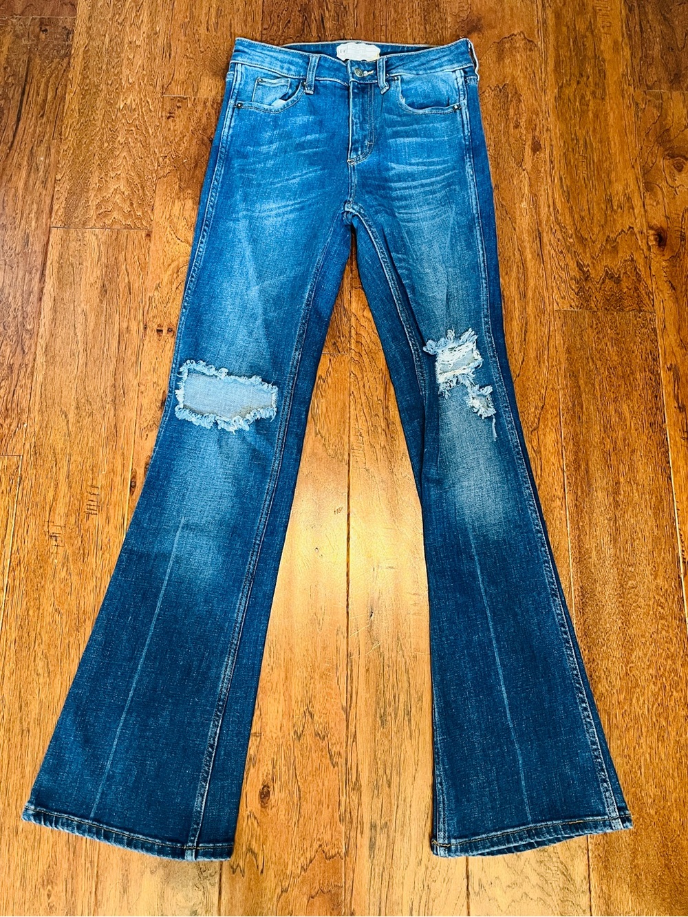 Free People Distressed Dark Blue Flare Jeans